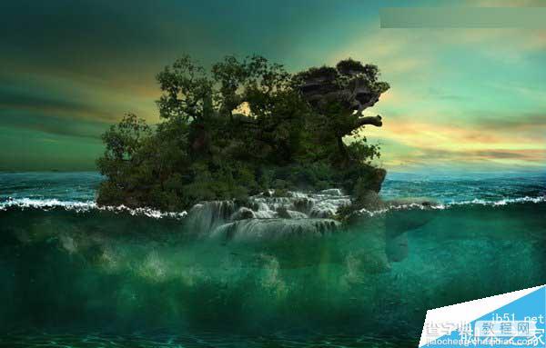 Photoshop合成海洋巨龟驮着岛在水上漂浮的效果图83