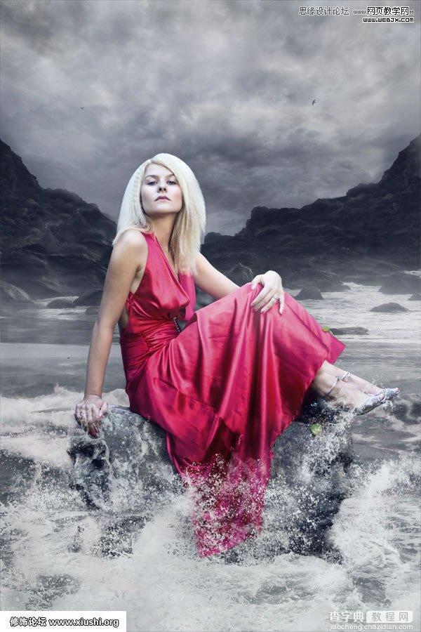 Photoshop合成制作梦幻的海边在坐岩石上的美女图片教程34