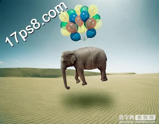 photoshop合成制作使用彩色气球空运大象场景1