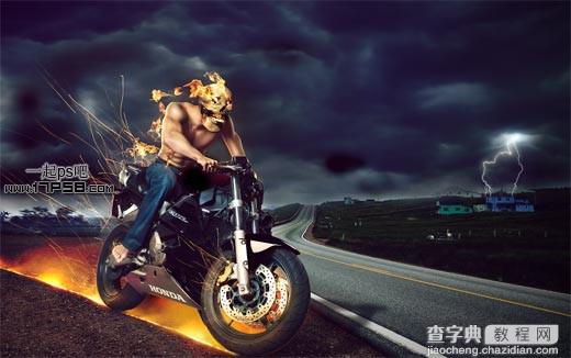 photoshop合成制作出地狱骑士在马路上飞奔的电影海报1
