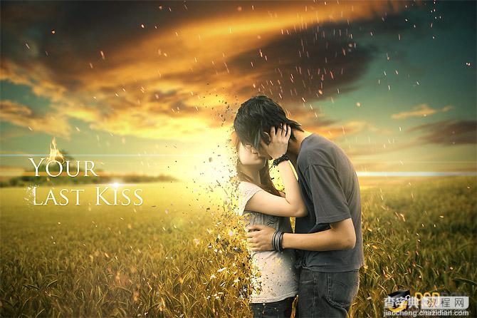 photoshop将亲吻中的情侣合成霞光草原中逐渐消失的粒子化效果1