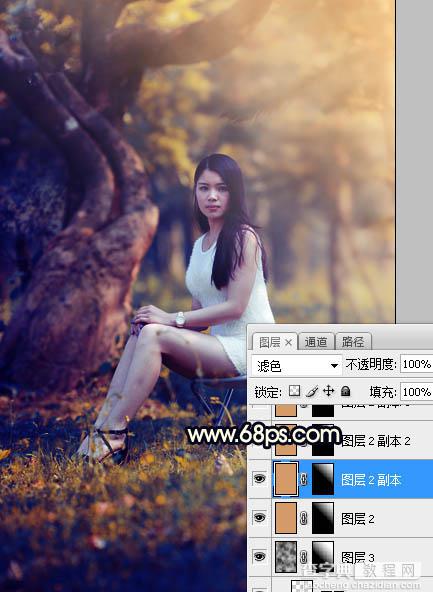 Photoshop调制出唯美的深秋暗黄色树林人物图片22