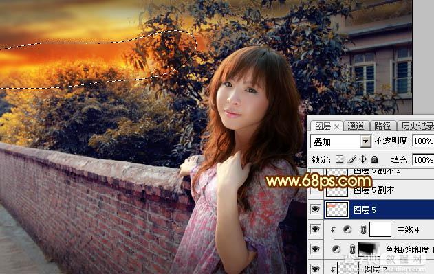 Photoshop调制出橙色霞光色围墙边人物图片36