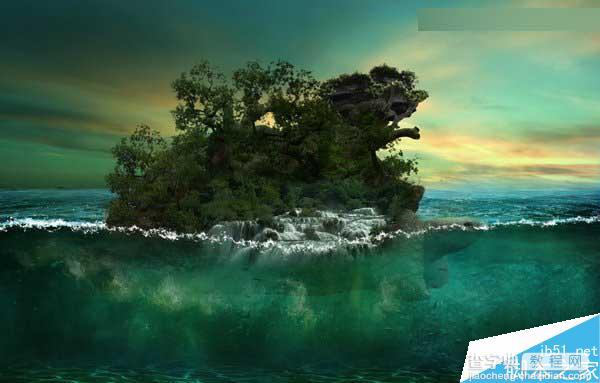 Photoshop合成海洋巨龟驮着岛在水上漂浮的效果图85