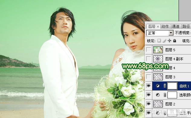 Photoshop将海景婚片调成甜美的青绿色图片调色效果18
