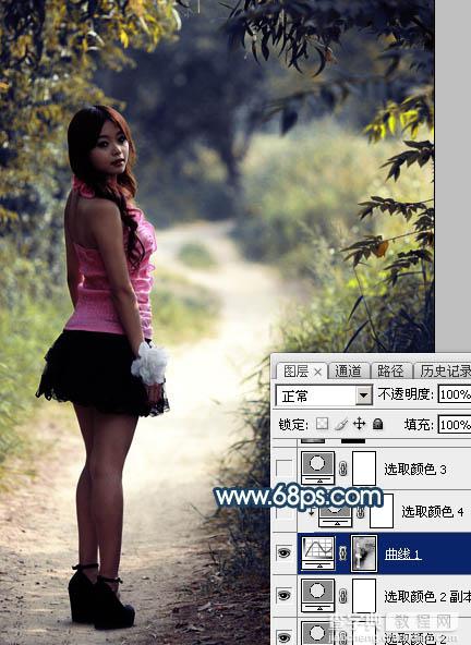 Photoshop调制出暗蓝秋季色树林人物图片15