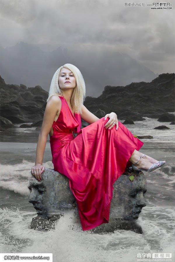 Photoshop合成制作梦幻的海边在坐岩石上的美女图片教程20