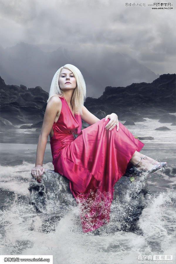 Photoshop合成制作梦幻的海边在坐岩石上的美女图片教程26