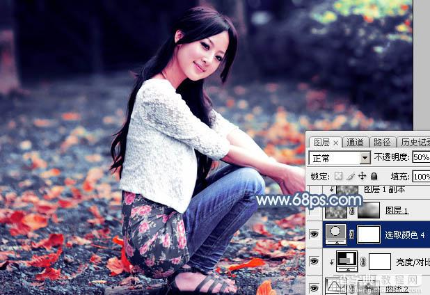 Photoshop将外景人物图片打造出古典暗蓝色秋季效果33