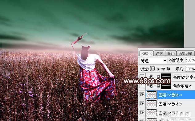 Photoshop为草原人物图片打造暗调青红色效果36