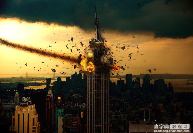 photoshop合成流星撞击摩天大楼爆炸的特效2