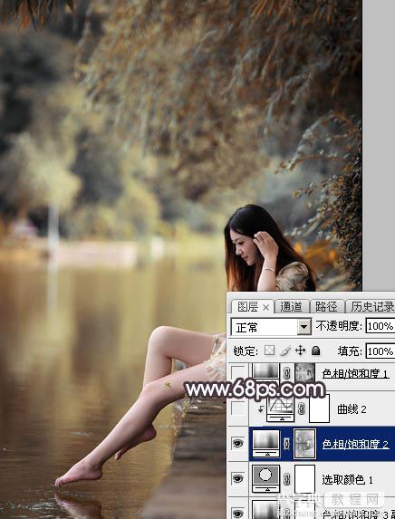 Photoshop将湖景人物图片打造出唯美的暗褐色秋季14