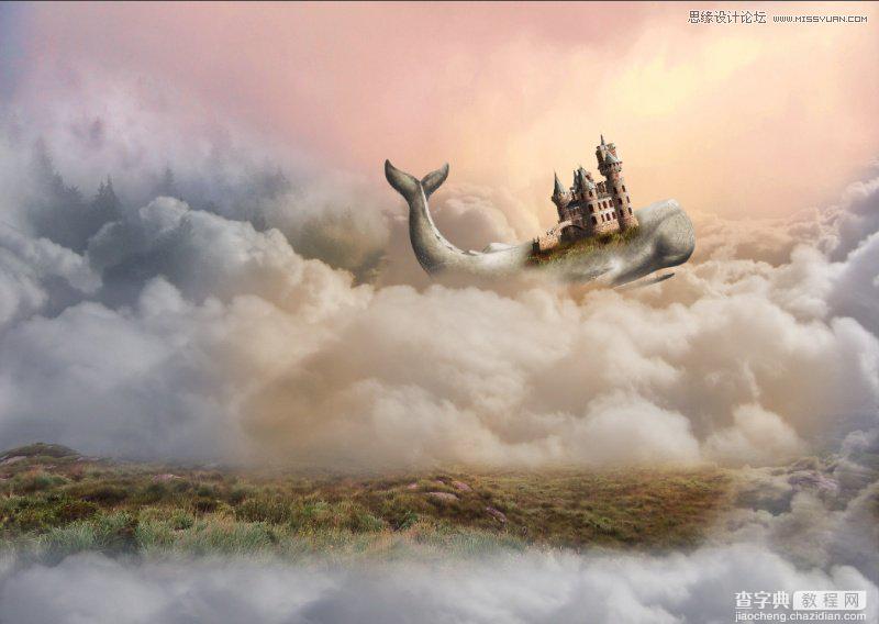 Photoshop合成在鲸鱼背着城堡在云端飞翔的场景18