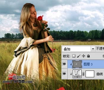 photoshop合成黎明时站在草丛手拿玫瑰美女图片16