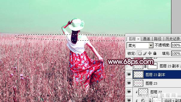 Photoshop将草丛人物图片打造魔幻的粉调红绿色效果37