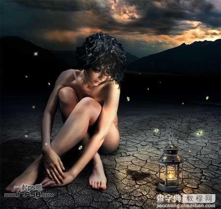 PS合成深夜里坐在干枯荒地里的裸体独思女孩照片36