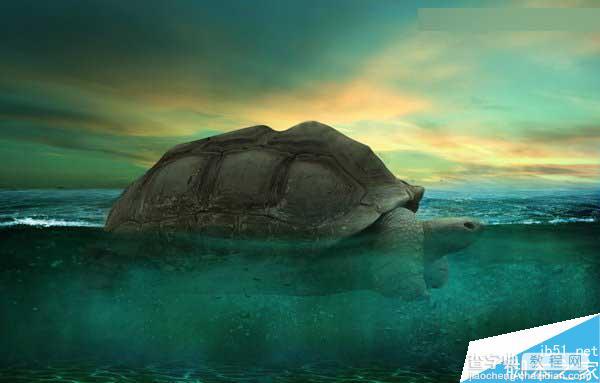 Photoshop合成海洋巨龟驮着岛在水上漂浮的效果图34