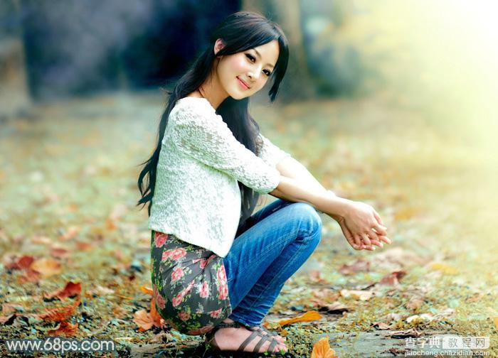 Photoshop将草地人物图片调制出柔和甜美的淡调青红色2