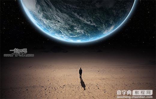 photoshop设计合成超自然孤独男人欣赏星球的场景1