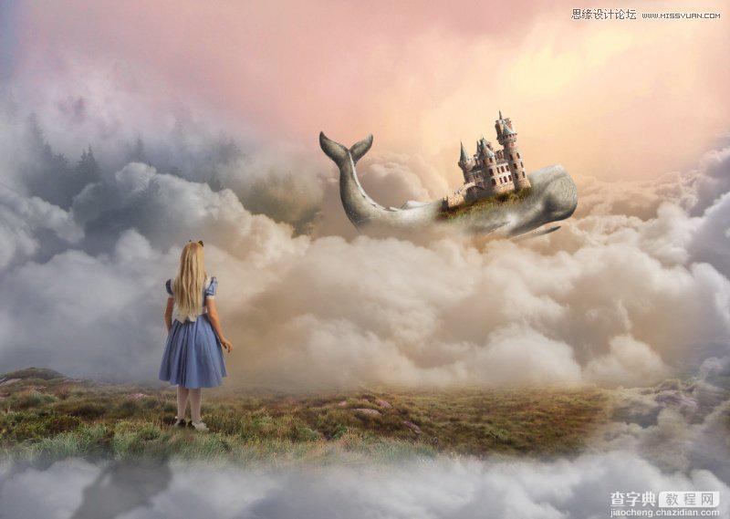 Photoshop合成在鲸鱼背着城堡在云端飞翔的场景24