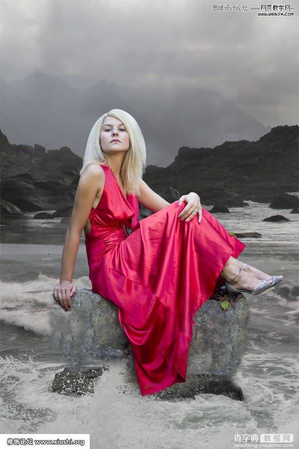 Photoshop合成制作梦幻的海边在坐岩石上的美女图片教程10