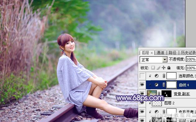 Photoshop将铁轨人物图片打造清爽的淡调蓝绿色效果30
