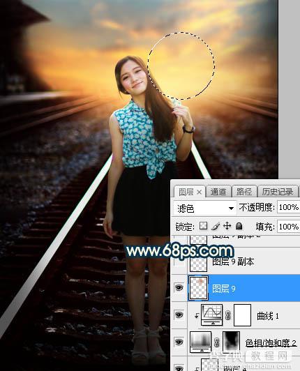 Photoshop调制出暗黄色霞光效果铁轨中间的人物图片29