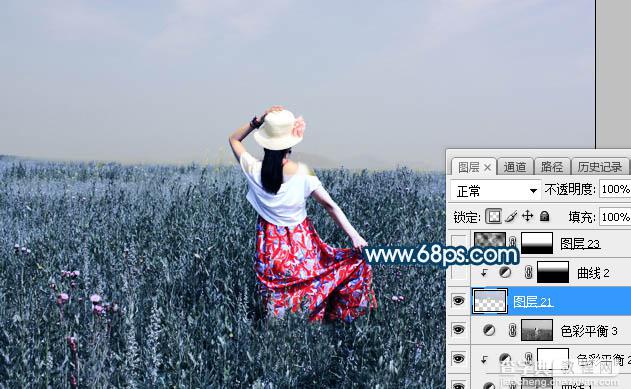 Photoshop将草原人物图片打造出唯美的蓝红色特效21