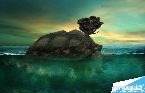 Photoshop合成海洋巨龟驮着岛在水上漂浮的效果图48