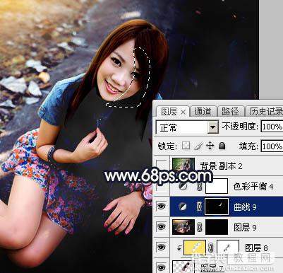 Photoshop调制出昏暗的秋季暖色长凳边的人物图片57