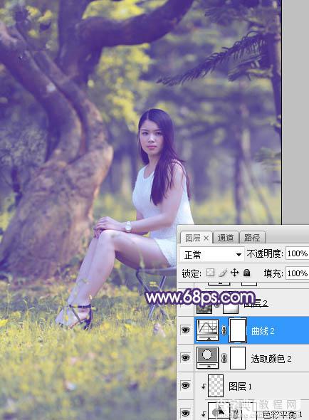 Photoshop调制出小清新蓝黄色树边人物图片20