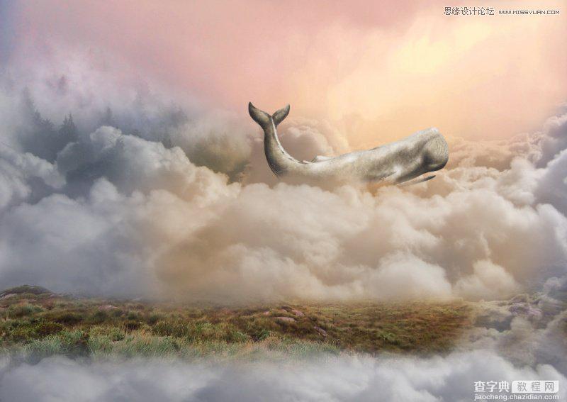 Photoshop合成在鲸鱼背着城堡在云端飞翔的场景15