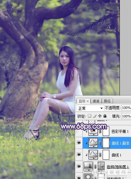 Photoshop调制出小清新蓝黄色树边人物图片11