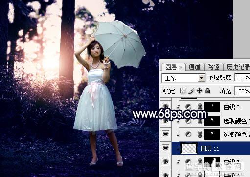 Photoshop调制出霞光中的树林人物图片49