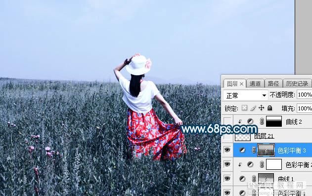 Photoshop将草原人物图片打造出唯美的蓝红色特效20