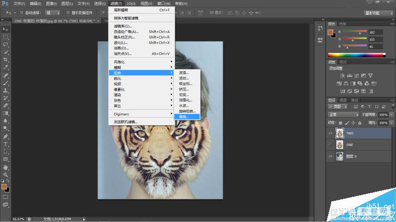 Photoshop将老虎头像和人脸完美融合在一起的效果图34