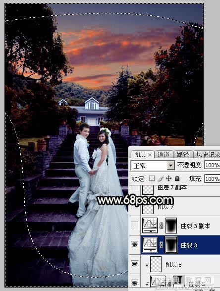 Photoshop调出暗调暖色霞光园林中情侣图片38