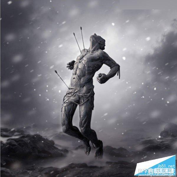 Photoshop合成暴风雪中被射杀的勇士雕塑悲壮场景39