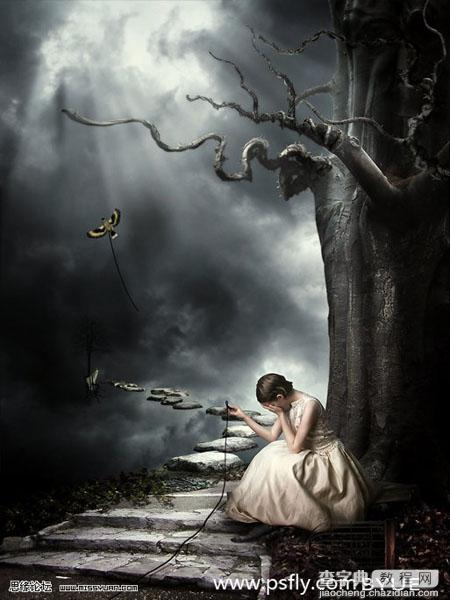 PS合成恐怖黑夜里在大树底下哭泣的女孩照片1