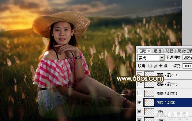 Photoshop调制出暗调晨曦阳色光原野草地上人物图片32