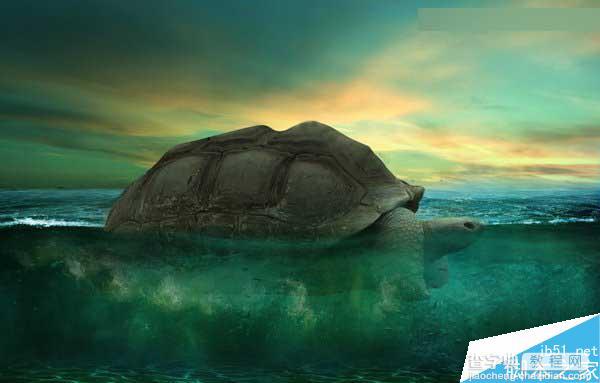Photoshop合成海洋巨龟驮着岛在水上漂浮的效果图40