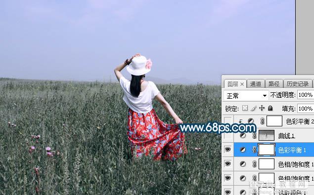 Photoshop将草原人物图片打造出唯美的蓝红色特效13