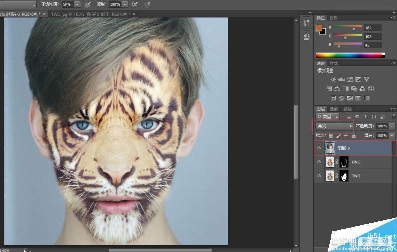 Photoshop将老虎头像和人脸完美融合在一起的效果图48