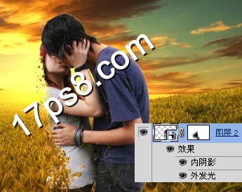 photoshop将亲吻中的情侣合成霞光草原中逐渐消失的粒子化效果11
