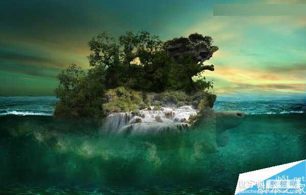 Photoshop合成海洋巨龟驮着岛在水上漂浮的效果图69