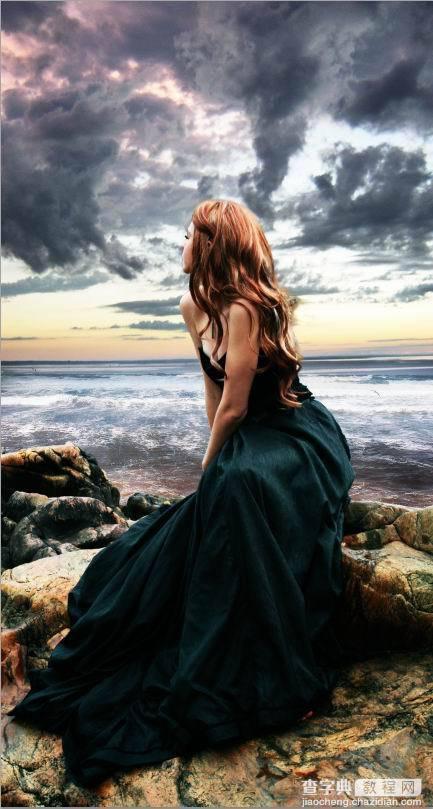 photoshop合成制作出坐在海边岩石上眺望远方沉思的美女图片1