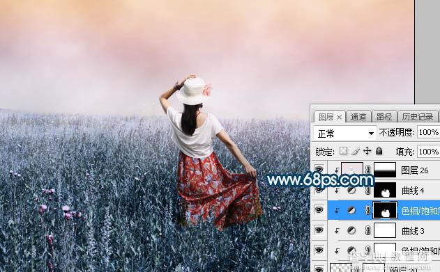 Photoshop将草原人物图片打造出唯美的蓝红色特效37