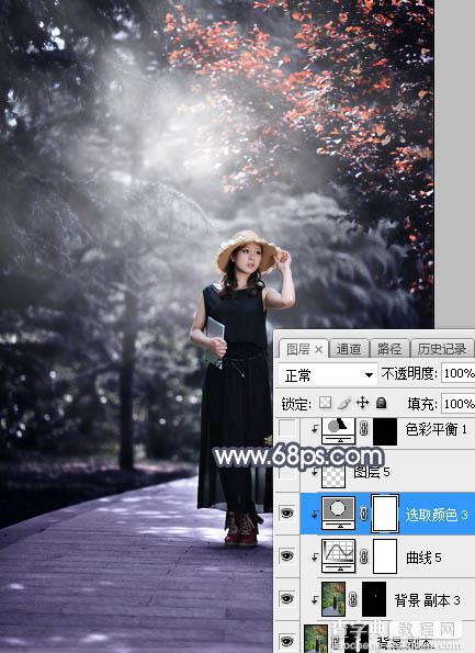 Photoshop将外景人物图片打造深秋暗调蓝红色23