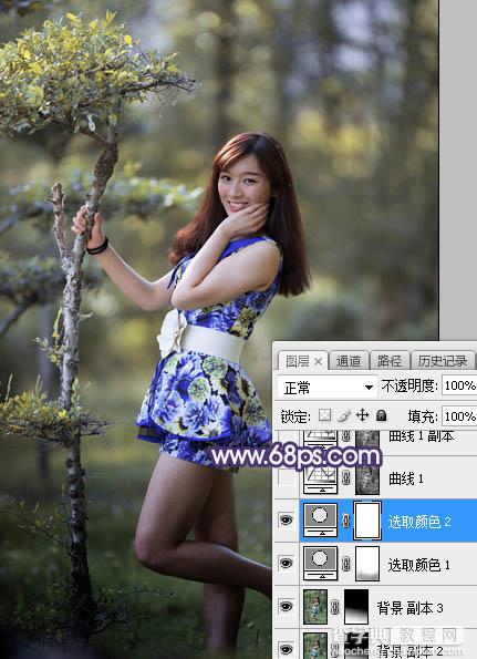 Photoshop将树林人物图片打造唯美的秋季蓝黄色12