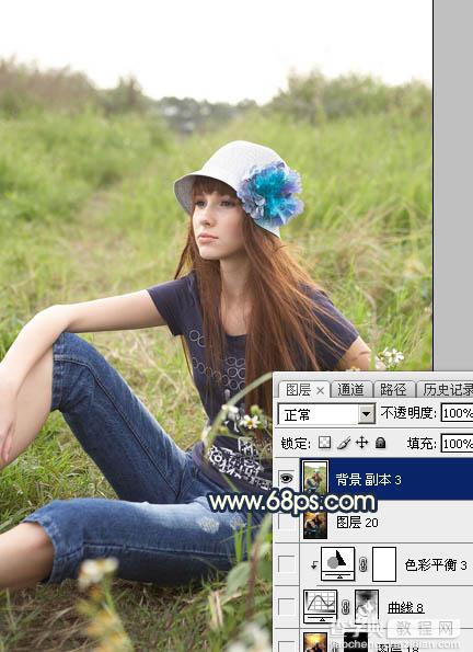 Photoshop调制出柔和的晨曦霞光草丛人物图片22